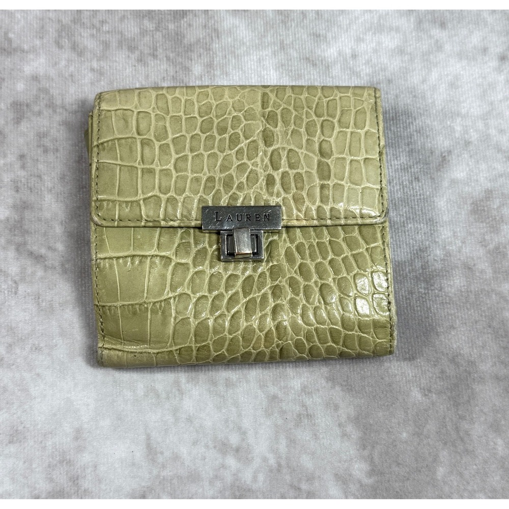 Ralph Lauren Leather Card Accordian Wallet Embossed Faux Croc Green 4"x 4"